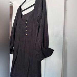 Black Lace Crochet Buttoned Square Neck Shift Mini Dress